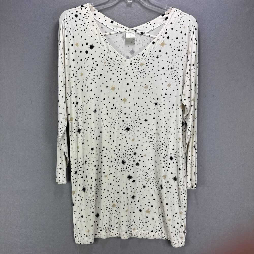 Soma Coolnights Sleepshirt Women's L Long Sleeve Nightgown Stargazer White/Black